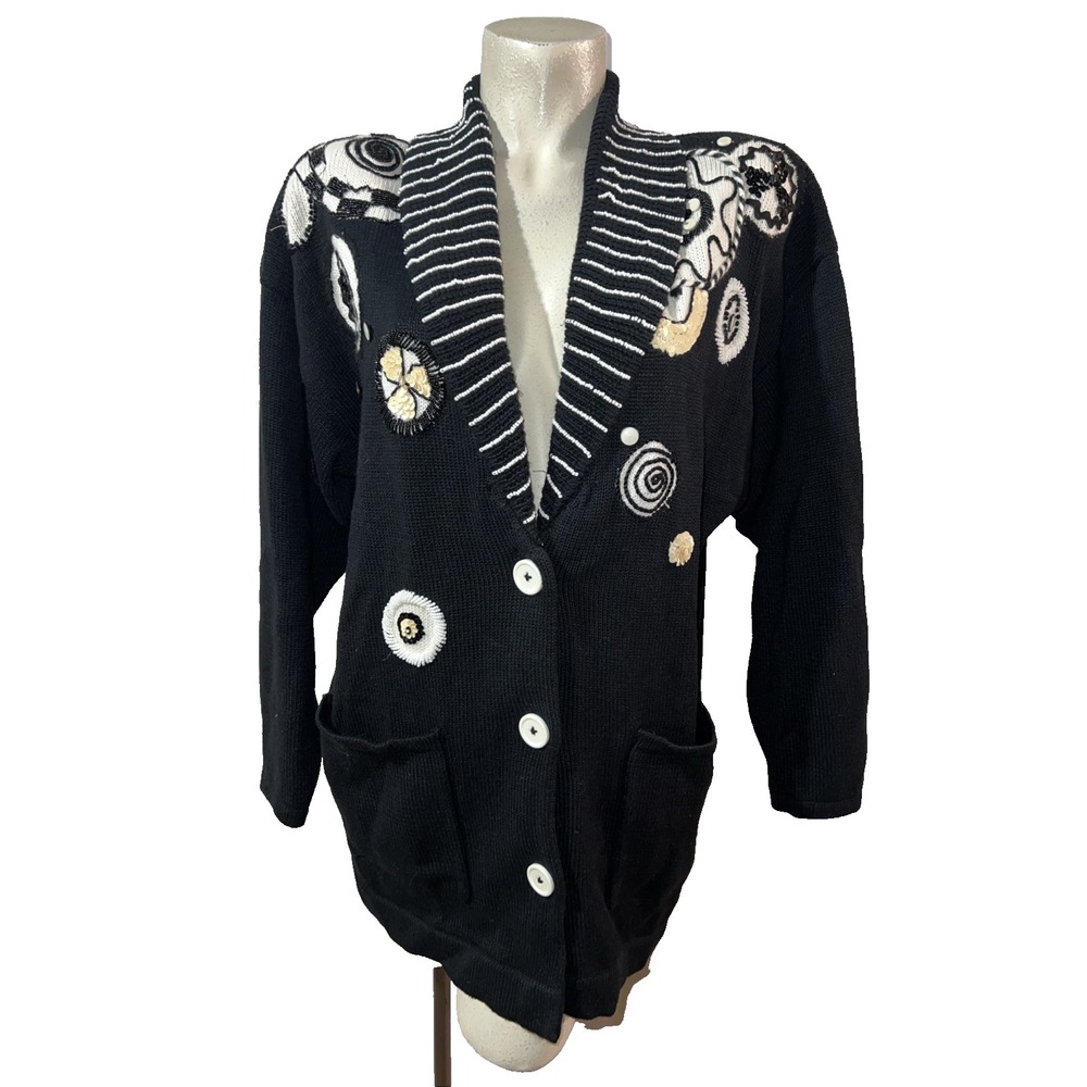 IB Diffusion Womens Black Oversized Cardigan‎ Beaded Sequin Sweater Sz M Vintage